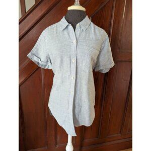 Eddie Bauer Blue/White Striped Linen Blend Short Sleeve Button-Up Shirt Size L